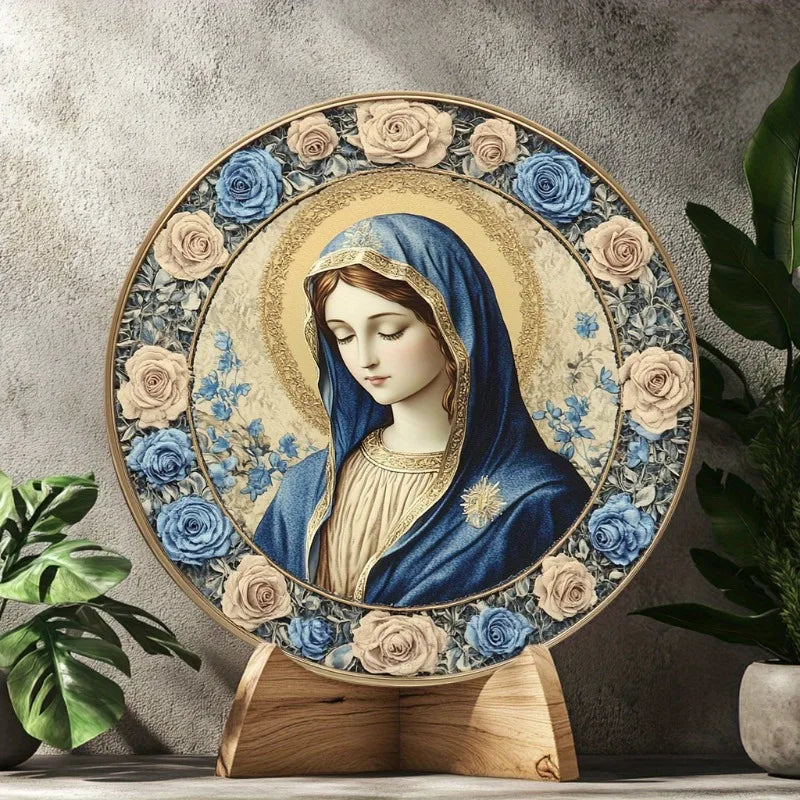 Catholic Decoration Our Lady with Blue and Gold Roses