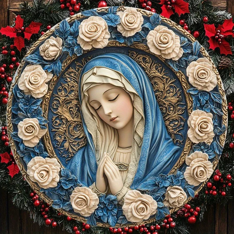 Catholic Decoration Our Lady with Blue and Golden Roses